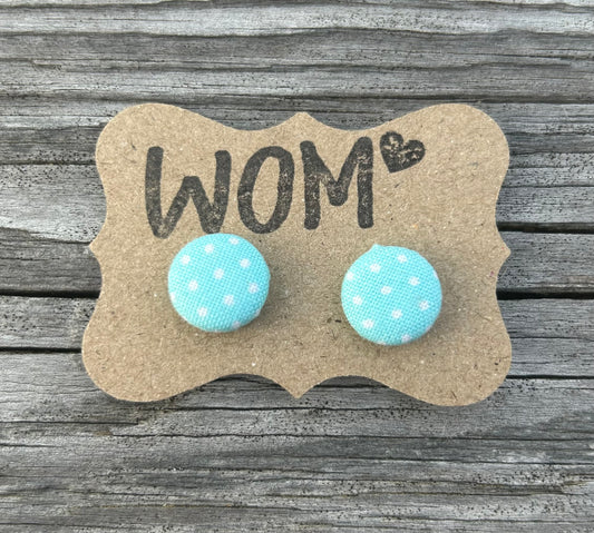 Aqua and White Polka Dot Button Stud Earrings