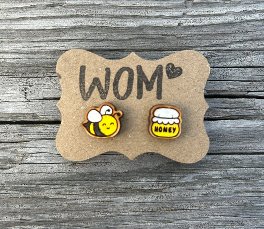 Bee and Honey Jar Wooden Stud Earrings