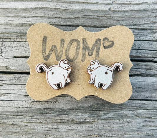 Cat Butt Wooden Stud Earrings