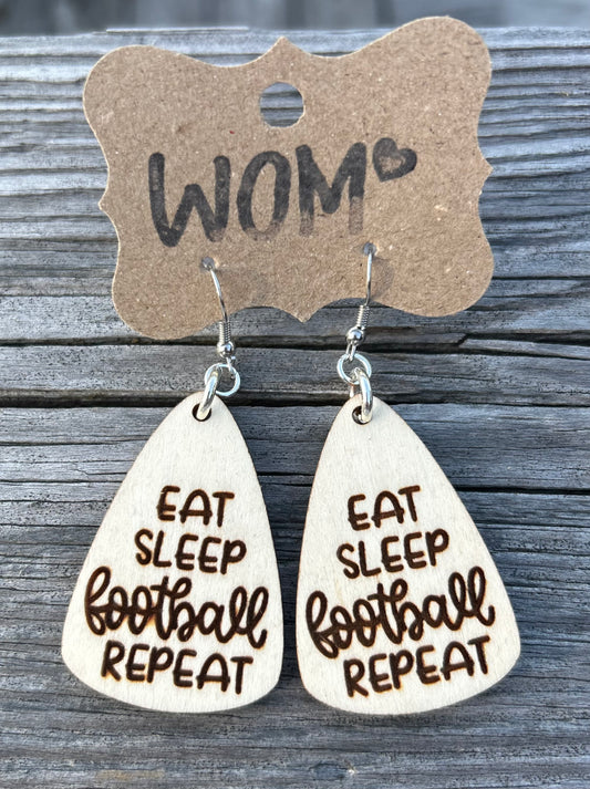 Eat, Sleep, Football, Repeat Wooden Dangle Earrings