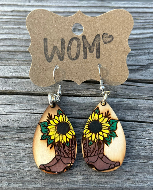 Sunflower Boots Wooden Dangle Earrings