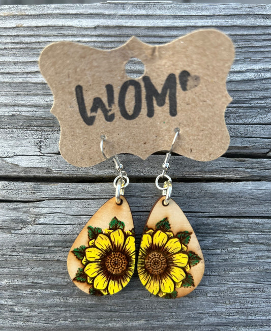 Sunflower Teardrop Wooden Dangle Earrings