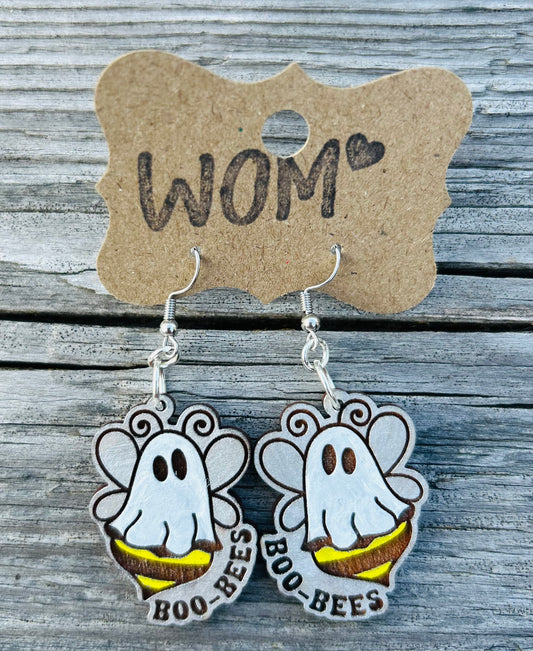 Boo Bee Ghost Wooden Dangle Earrings