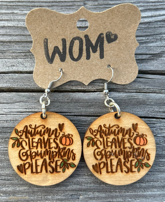 Autumn Leaves & Pumpkin Please Wooden Dangle Earrings