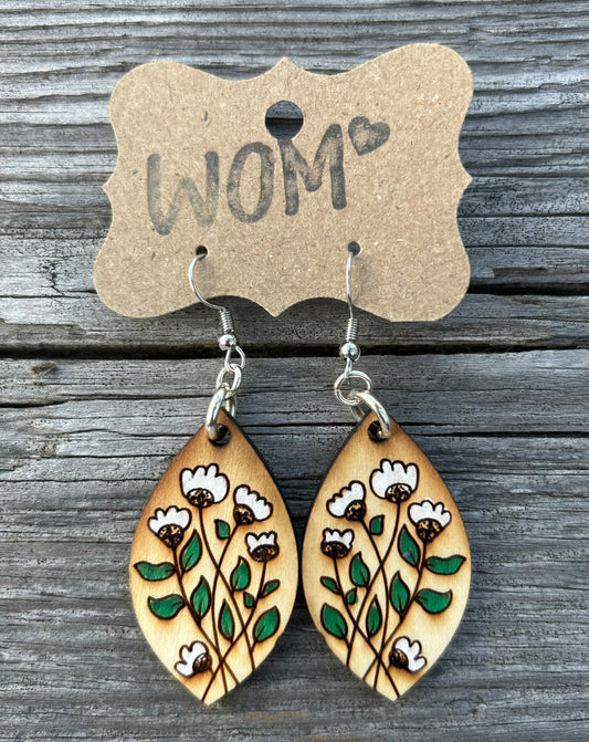 White Vine Flower Wooden Dangle Earrings