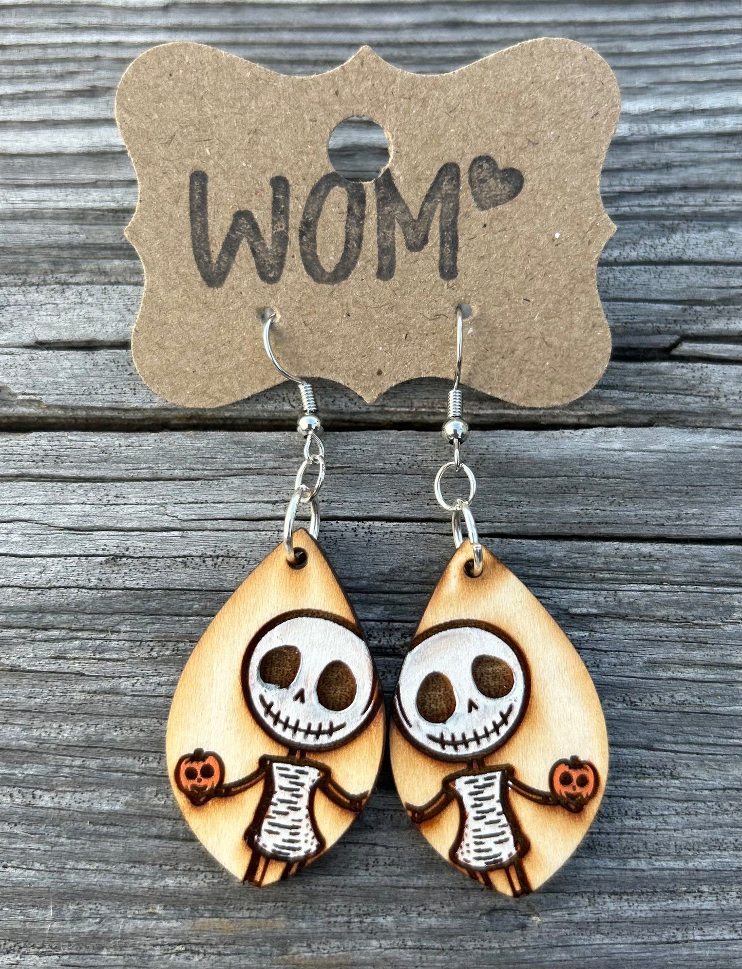 Skeleton Pumpkin Halloween Wooden Dangle Earrings