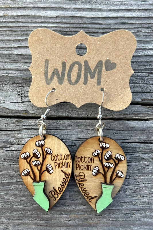 Cotton Pickin Blessed Wooden Dangle Earrings