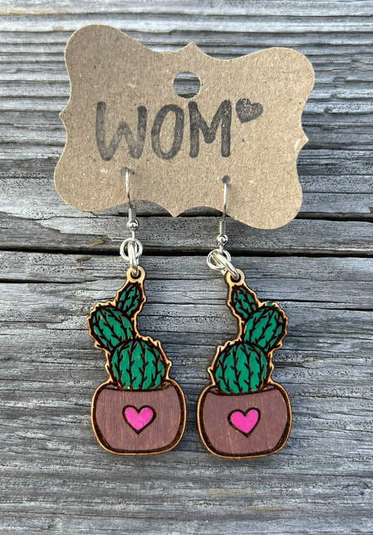 Cactus Heart Wooden Dangle Earrings