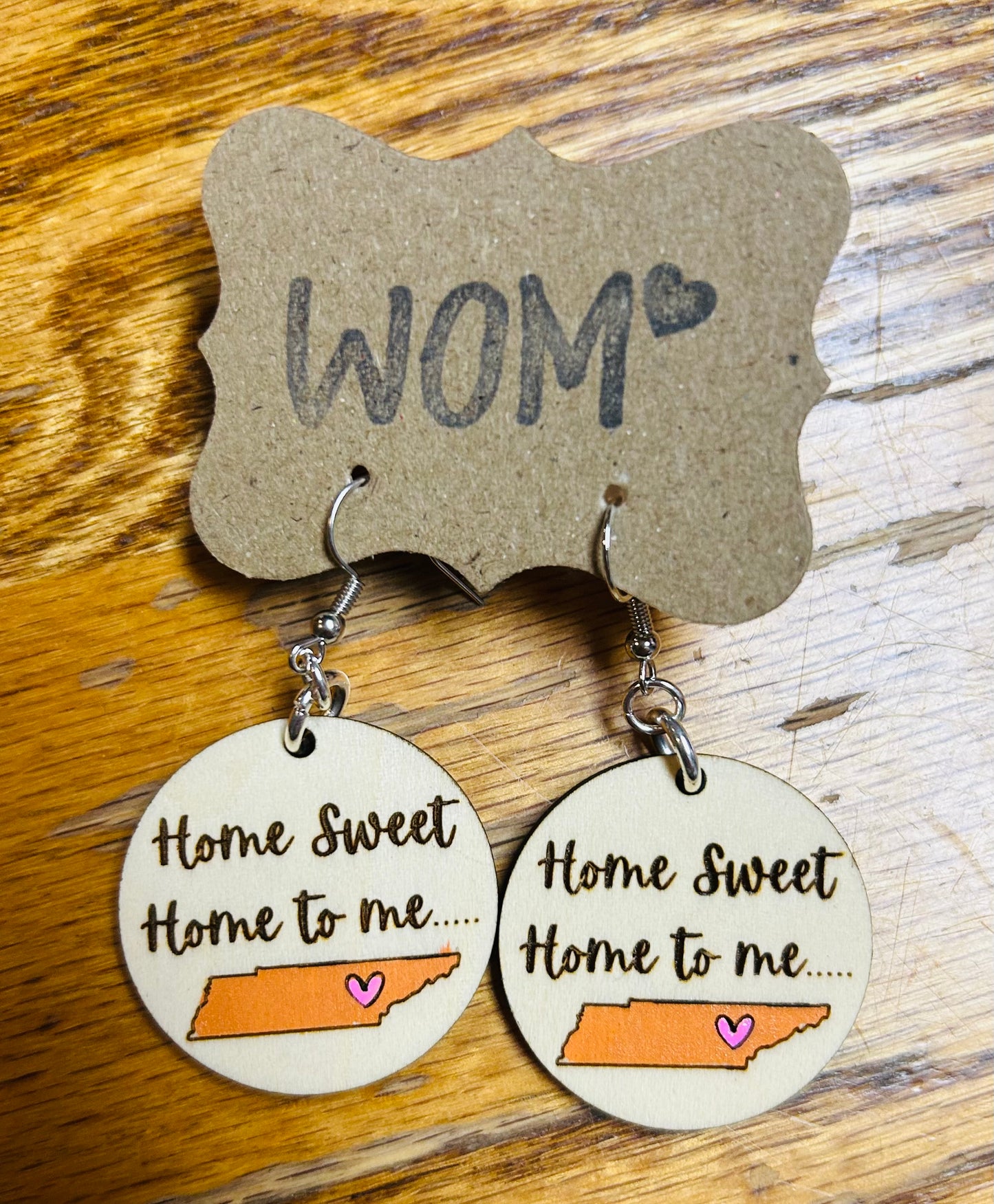 "Home Sweet Home to me..." Tennessee Heart Wooden Dangle Earrings