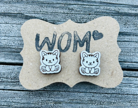 Cat Kitten Wooden Stud Earrings